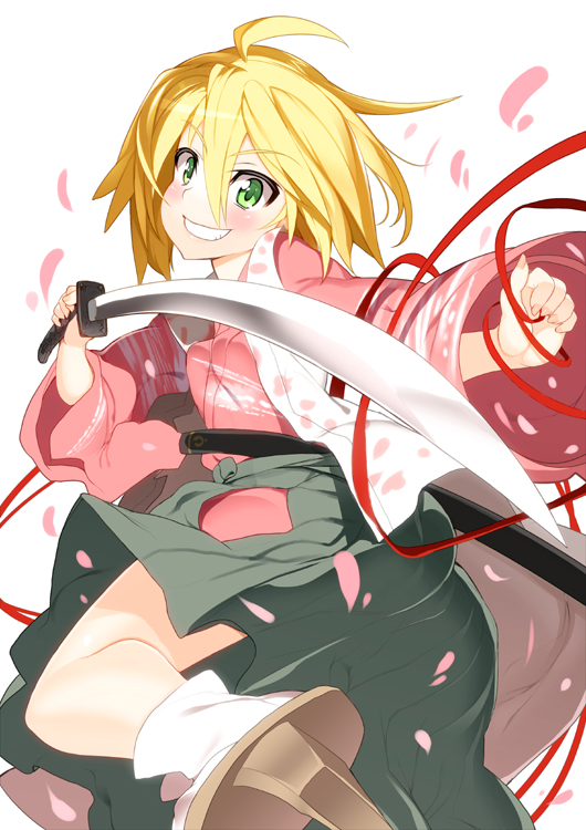 blonde_hair blush char character_request geta grin hakama japanese_clothes katana looking_at_viewer ribbon shin_samurai_guard short_hair smile sol solo sword weapon