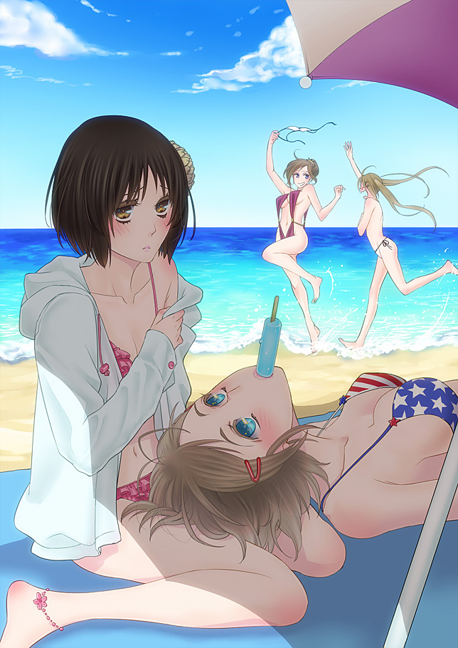 alternate_costume america america_(hetalia) american_flag_bikini american_flag_swimsuit anklet arm_up arms_up axis_powers_hetalia bangs bare_legs bare_shoulders beach bikini black_hair blonde_hair blue_eyes blush bracelet breasts brown_hair chasing chikotsu cleavage cloud colored_eyelashes covering covering_breasts embarrassed feet_in_water flag_print flower france_(hetalia) frilled_bikini frills genderswap glasses grin hair_bun hair_flower hair_ornament hairclip hairpin hoodie jacket japan_(hetalia) jewelry lap_pillow large_breasts lips long_hair long_sleeves lying midriff multiple_girls navel ocean on_back open_clothes open_jacket open_mouth parted_bangs popsicle purple_eyes running shade short_hair sitting sky sleeveless sling_bikini smile soaking_feet standing_on_one_leg star swept_bangs swimsuit tiara towel twintails umbrella united_kingdom_(hetalia) violet_eyes wariza water yellow_eyes