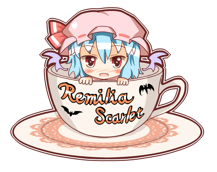 bat bat_wings blue_hair character_name chibi cup fang girl_in_a_cup hat hat_ribbon in_container in_cup minigirl open_mouth red_eyes remilia_scarlet ribbon saucer short_hair solo touhou umi_suzume wings