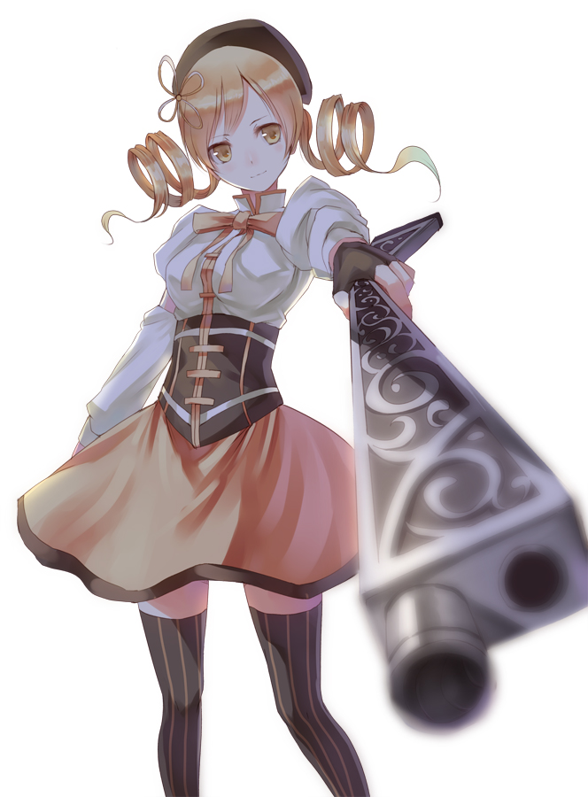 aiming_at_viewer blonde_hair blurry breasts brown_legwear depth_of_field drill_hair fingerless_gloves foreshortening gloves gun hair_ornament hat head_tilt looking_at_viewer magical_girl magical_musket mahou_shoujo_madoka_magica paseri pov_aiming simple_background skirt solo thigh-highs thighhighs tomoe_mami twin_drills vertical-striped_legwear vertical_stripes weapon white_background yellow_eyes zettai_ryouiki