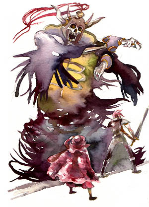 artist_request final_fantasy final_fantasy_i hat lich lowres monster red_hair red_mage redhead skeleton sword traditional_media warrior watercolor_(medium) weapon
