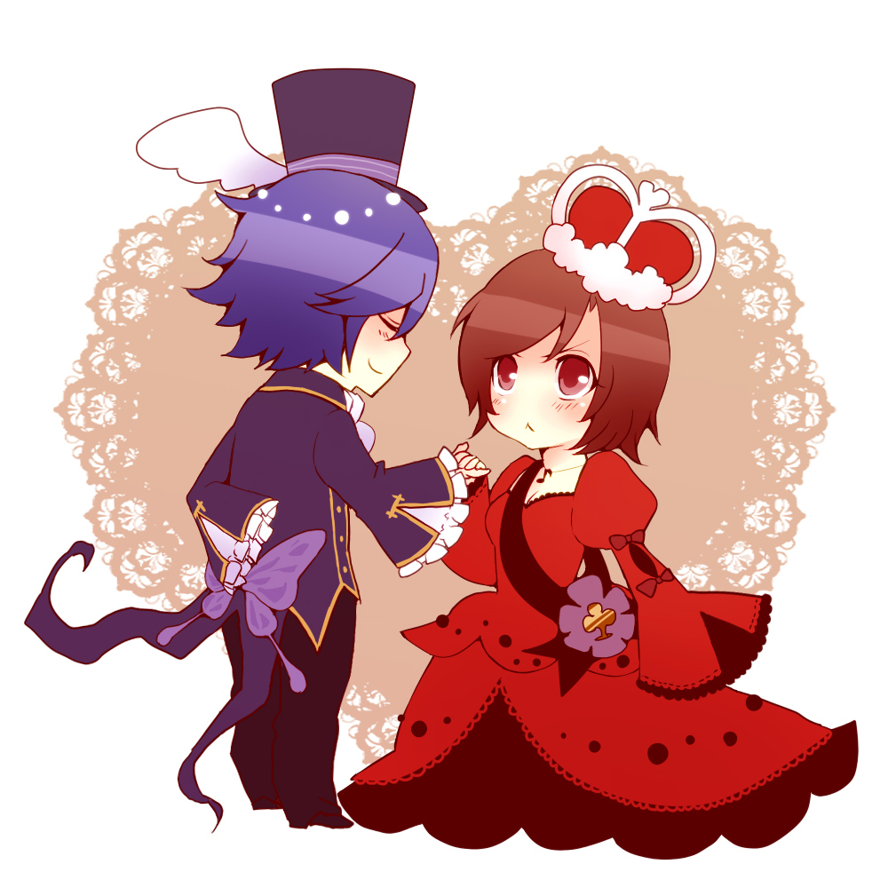 1girl :&lt; alice_in_musicland_(vocaloid) bad_id blue_hair brown_hair chibi couple crown dress frown gown hat holding_hands kaito meiko muro_(ninimohu) red_dress red_eyes short_hair smile top_hat vocaloid