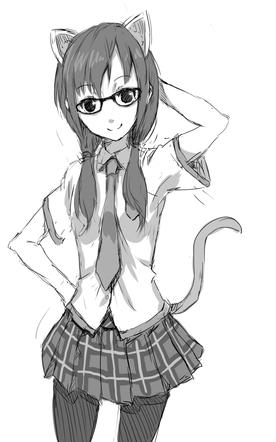 animal_ears arm_up cat_ears cat_tail evangelion:_2.0_you_can_(not)_advance glasses hand_on_hip hips long_hair looking_at_viewer makinami_mari_illustrious monochrome necktie neon_genesis_evangelion pantyhose paseri rebuild_of_evangelion school_uniform simple_background sketch smile solo tail twintails