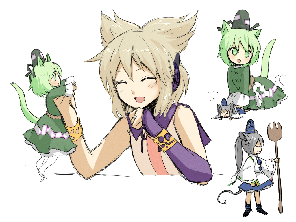 &gt;_&lt; animal_ears blonde_hair cat_ears cat_tail chagen_kokimu closed_eyes dress earmuffs eyes_closed fork green_dress green_eyes green_hair hat headphones holding holding_fork japanese_clothes kariginu kemonomimi_mode minigirl mononobe_no_futo mouse_ears mouse_tail multiple_girls open_mouth sdmaiden shirt silver_hair skirt sleeveless sleeveless_shirt smile soga_no_tojiko tail touhou toyosatomimi_no_miko translation_request wristband