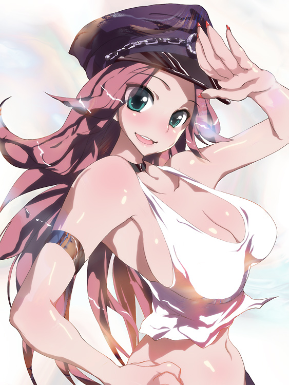 bare_shoulders breasts cleavage final_fight green_eyes hanae_shuuhei hat large_breasts long_hair nail_polish navel no_bra open_mouth pink_hair poison_(final_fight) profile salute shiny shirt