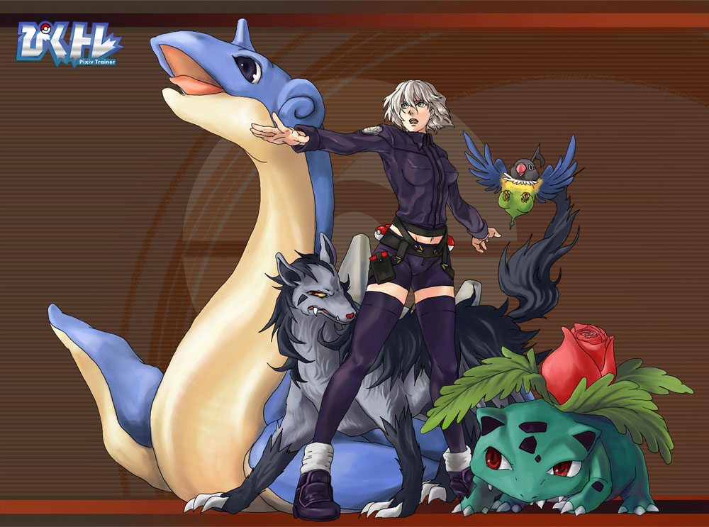 1girl bird black_legwear blue_eyes chatot creature fizzbuzz flower flying grey_hair ivysaur lapras mightyena open_mouth parrot pixiv_trainer poke_ball pokemon pokemon_(creature) pokemon_trainer pose shorts silver_hair thigh-highs thighhighs waist_poke_ball