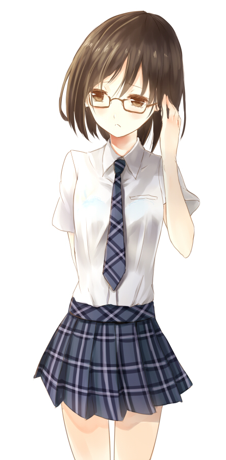 :&lt; adjusting_hair arm_behind_back blush brown_eyes brown_hair frown glasses looking_at_viewer looking_away necktie original paseri plaid plaid_skirt pleated_skirt red-framed_glasses school_uniform short_hair simple_background skirt solo white_background