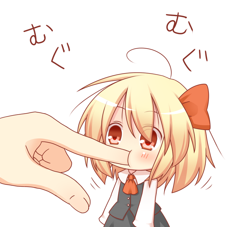 ascot blonde_hair bow finger_in_mouth fingers hair_bow hands kohsan_ kousa_(black_tea) minigirl red_eyes rumia simple_background the_embodiment_of_scarlet_devil touhou translated translation_request youkai