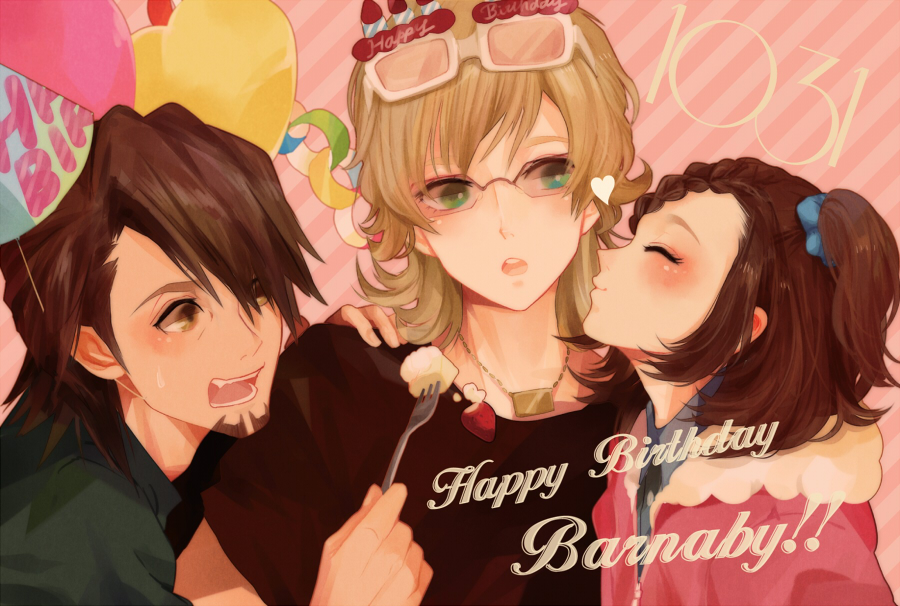 2boys age_difference bad_id barnaby_brooks_jr birthday blonde_hair braid brown_eyes brown_hair character_name facial_hair father_and_daughter glasses glasses_on_head green_eyes hat jewelry kaburagi_kaede kaburagi_t_kotetsu kiss male multiple_boys necklace necktie party_hat poco24 short_hair side_ponytail stubble t-shirt tiger_&amp;_bunny vest waistcoat wink