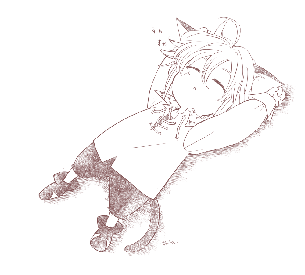 1boy ahoge animal_ears artist_name cat_ears cat_tail chibi full_body greyscale harumiya long_sleeves lying meliodas monochrome nanatsu_no_taizai on_back shirt sleeping tail