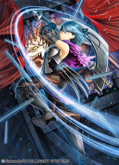 1girl armor armored_boots axe belka_(fire_emblem_if) blue_hair boots cape company_name dragon fire_emblem fire_emblem_cipher fire_emblem_if headband official_art solo toyo_sao weapon window yellow_eyes