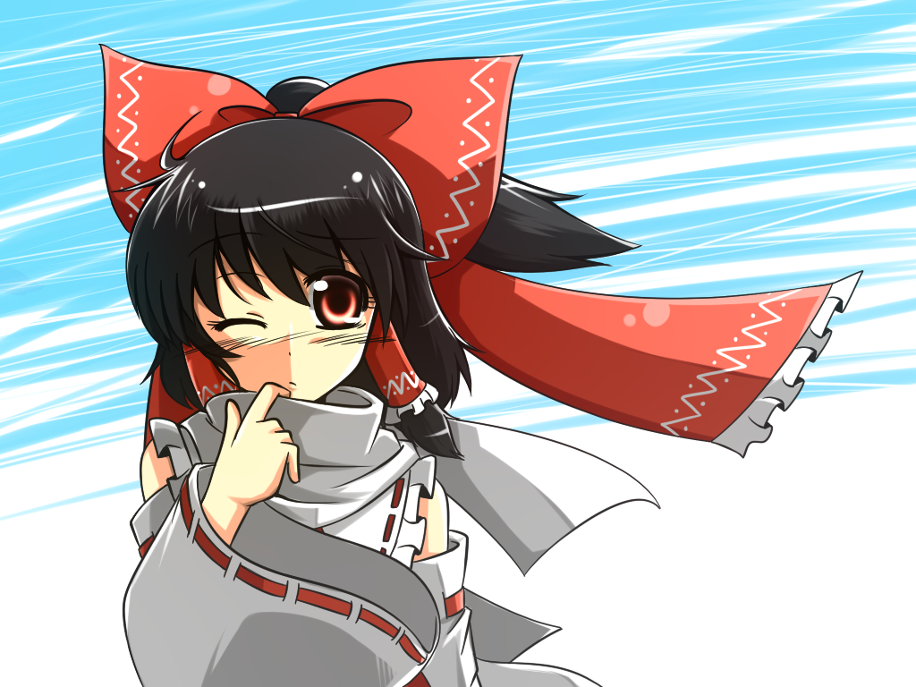 bare_shoulders black_hair bow brown_eyes detached_sleeves hair_bow hair_tubes hakurei_reimu miko perfect_cherry_blossom scarf solo sora_no_amagumo touhou wince wind