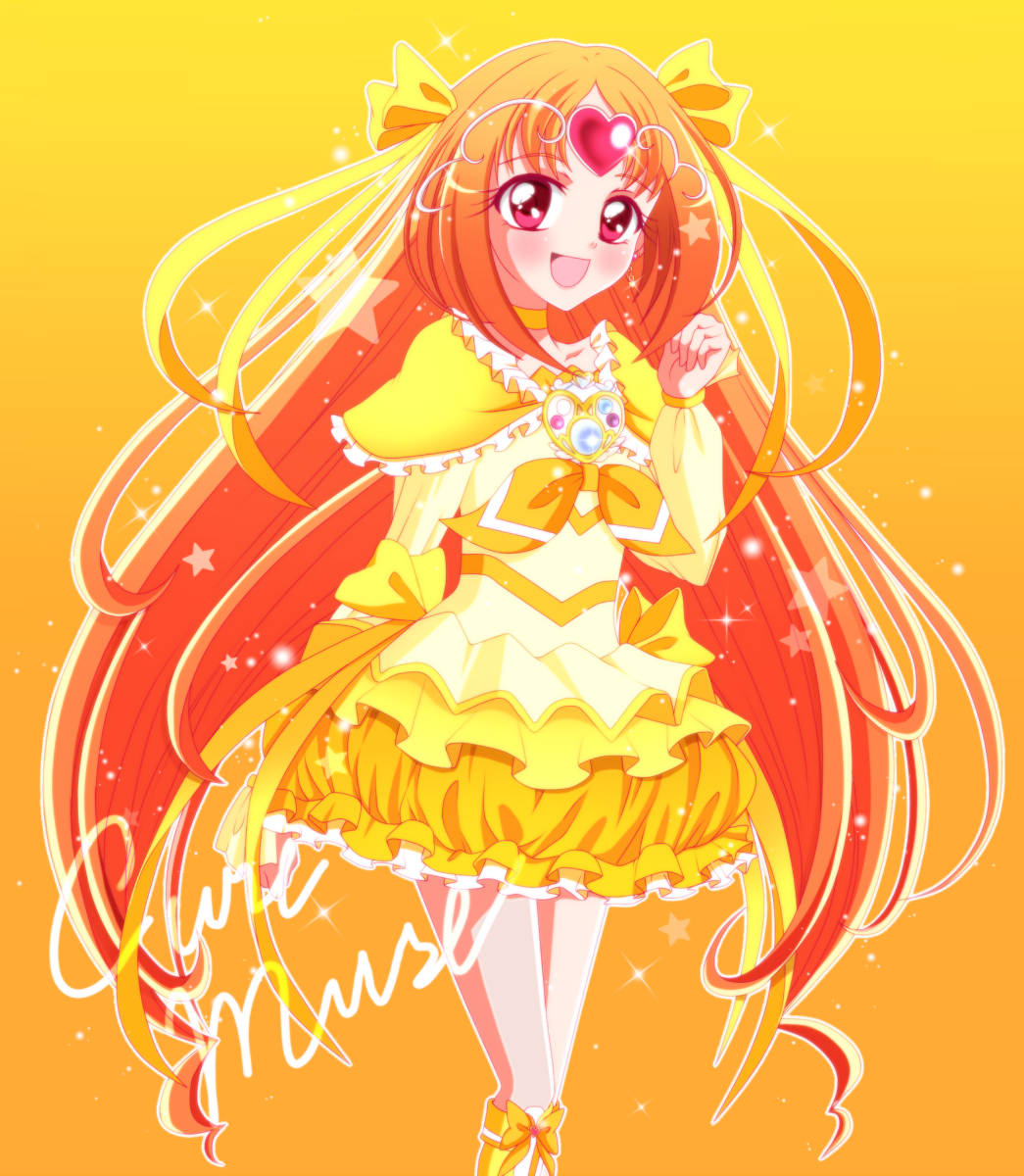 :d boots bow brooch bubble_skirt character_name choker circlet cure_muse cure_muse_(yellow) dress frills gathers hair_ribbon happy heart highres jewelry light_particles long_hair magical_girl open_mouth orange_(color) orange_background orange_hair precure red_eyes ribbon ruffles shirabe_ako smile solo sparkle star suite_precure touma_(halcyon13) yellow_dress
