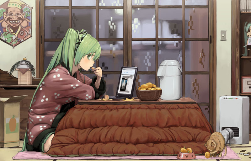 cat domo1220 eating food fruit green_eyes green_hair hatsune_miku heater holding holding_fruit kotatsu long_hair looking_at_viewer mandarin_orange profile sitting sweater table tangerine television twintails two_side_up very_long_hair vocaloid water_boiler yamaaaa