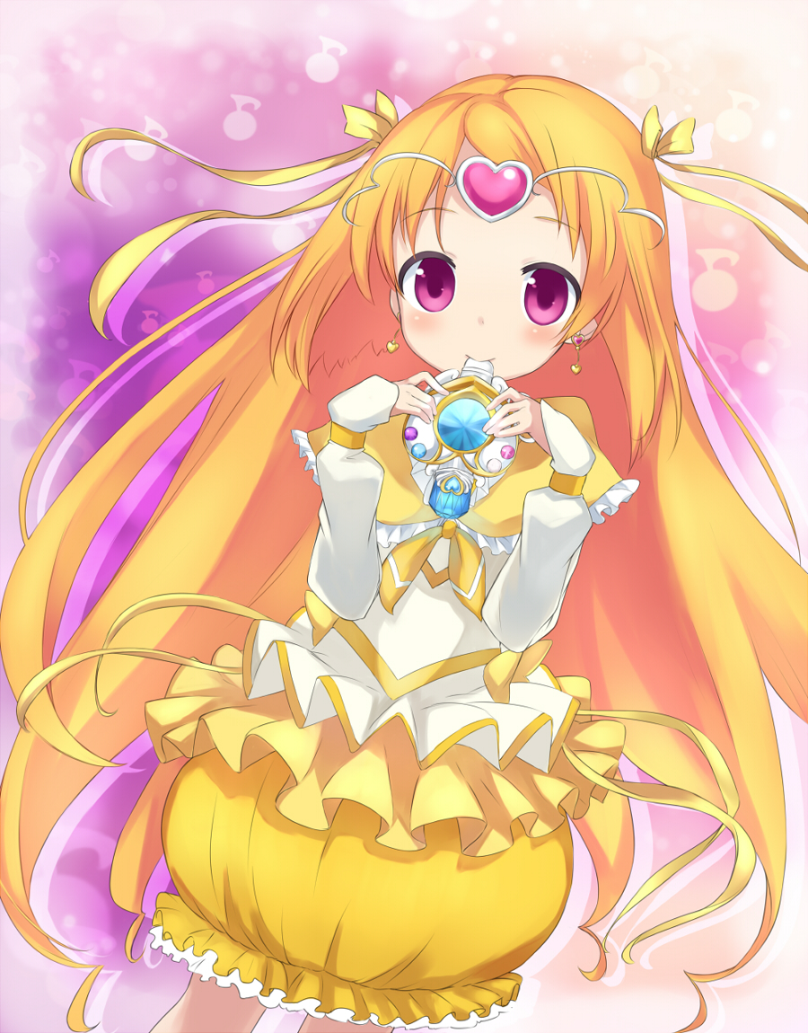 bow brooch bubble_skirt chiroru_(7450n) circlet cure_muse cure_muse_(yellow) dress frills gathers hair_ribbon heart jewelry long_hair magical_girl mouth_hold orange_hair precure purple_background purple_eyes ribbon ruffles shirabe_ako smile solo suite_precure violet_eyes yellow_dress