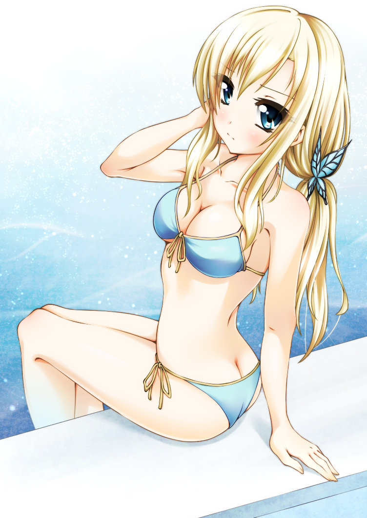 alternate_hairstyle arm_support aruha ass bare_shoulders bikini blonde_hair blue_eyes blush boku_wa_tomodachi_ga_sukunai breasts butt_crack butterfly_hair_ornament cleavage front-tie_top hair_ornament kashiwazaki_sena large_breasts long_hair looking_at_viewer looking_back ponytail pool poolside side-tie_bikini sideboob sitting solo submerged swimsuit water