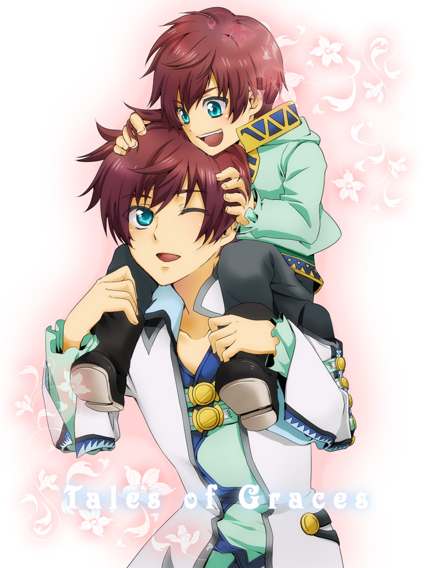 aipheion asbel_lhant blue_eyes brown_hair carrying child dual_persona male multiple_boys shoulder_carry smile tales_of_(series) tales_of_graces time_paradox title_drop wink