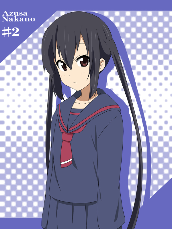 black_hair brown_eyes character_name ikari_manatsu k-on! long_hair nakano_azusa school_uniform serafuku twintails