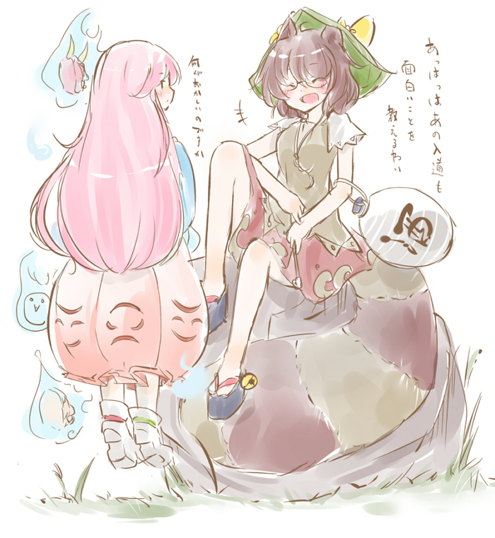 2girls ^_^ animal_ears bell bow brown_hair bubble_skirt closed_eyes futatsuiwa_mamizou glasses gourd hat hata_no_kokoro hopeless_masquerade kenoka long_hair mask multiple_girls pink_hair raccoon_ears raccoon_tail rock sandals short_hair short_sleeves sitting sitting_on_tail skirt tail touhou