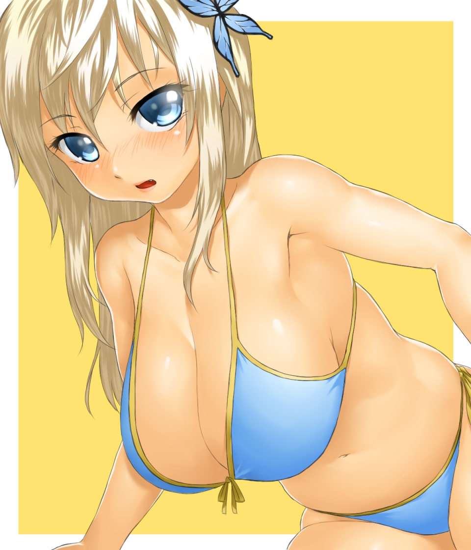 bare_shoulders bikini blonde_hair blue_bikini blue_eyes blush boku_wa_tomodachi_ga_sukunai breasts butterfly_hair_ornament cleavage collarbone face fang front-tie_top hair_ornament hanging_breasts kashiwazaki_sena large_breasts long_hair looking_at_viewer navel onsoku_maru open_mouth plump side-tie_bikini solo swimsuit