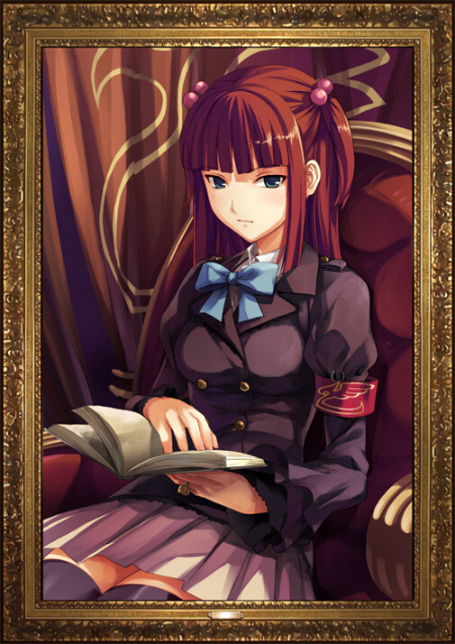 armband belt blue_eyes book bowtie frame hair_bobbles hair_ornament jewelry long_hair long_sleeves ougon_musou_kyoku pleated_skirt portrait red_hair redhead ring sitting skirt solo thigh-highs thighhighs twintails two_side_up umineko_no_naku_koro_ni ushiromiya_ange