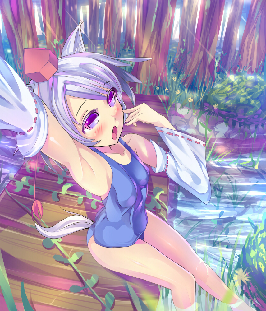 animal_ears arm_up armpits bare_shoulders blush bridge daito detached_sleeves hat inubashiri_momiji leaf one-piece_swimsuit open_mouth plant red_eyes short_hair silver_hair sitting solo stretch swimsuit tail tokin_hat touhou tree wading water white_hair wolf_ears wolf_tail yawning