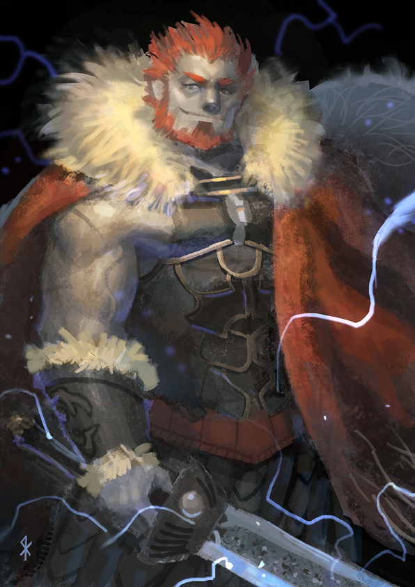 armor beard cape electricity facial_hair fate/stay_night fate/zero fate_(series) fur_trim male manly red_hair redhead rider_(fate/zero) seeker smile solo sword weapon