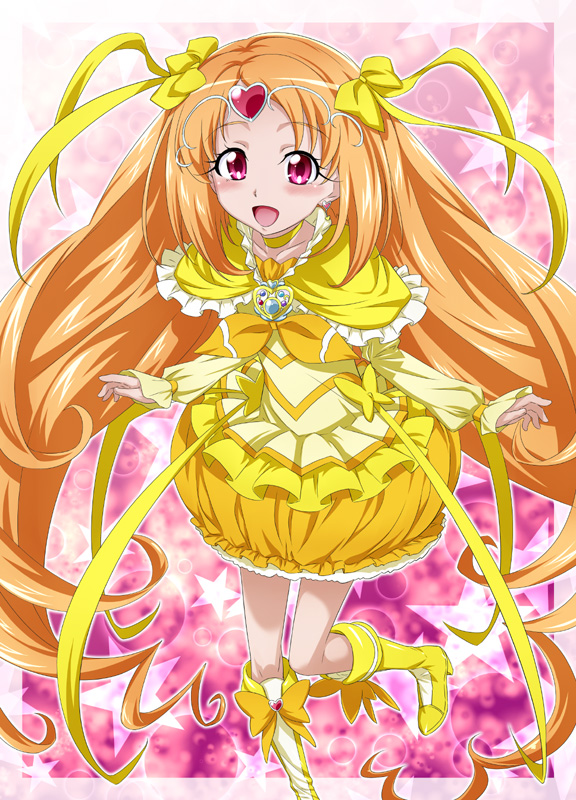 boots bow brooch bubble_skirt circlet cure_muse cure_muse_(yellow) dress frills gathers hair_ribbon heart jewelry long_hair magical_girl nakahira_guy orange_hair precure purple_background red_eyes ribbon ruffles shirabe_ako smile solo standing_on_one_leg star starry_background suite_precure yellow_dress