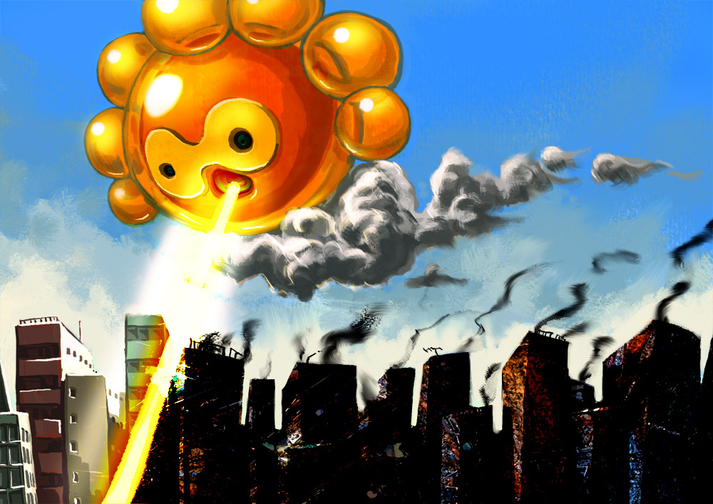 beam castform city cloud clouds creature destruction giant pokemon pokemon_(creature) saboterian sky solo sun sunbeam sunlight