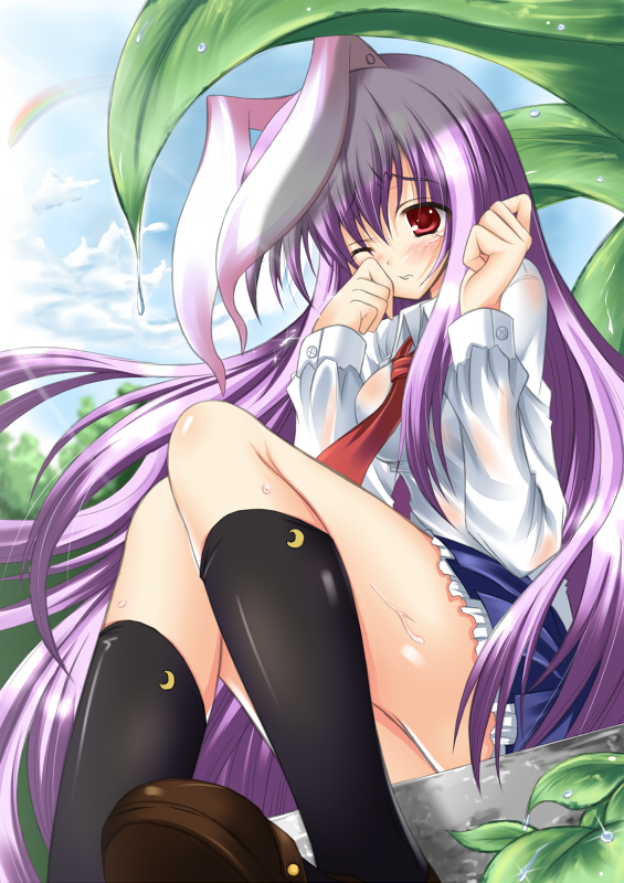 black_legwear blush bunny_ears crescent crescent_moon kibou_tsubame kneehighs long_hair necktie nozomi_tsubame purple_hair rabbit_ears rainbow reisen_udongein_inaba sitting skirt socks solo sunlight touhou very_long_hair water_drop wet wince wink