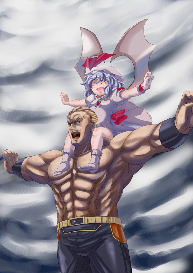 crossover hat hokuto_no_ken m.u.g.e.n male manly mugen_(game) muscle outstretched_arms purple_hair rekise remilia_scarlet souther tenshou_juuji_ho touhou wings