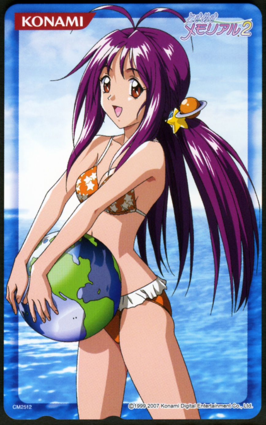 90s ball beachball bikini frilled_bikini frills highres kokura_masashi konami kotobuki_miyuki official_art purple_hair scan solo swimsuit tokimeki_memorial tokimeki_memorial_2