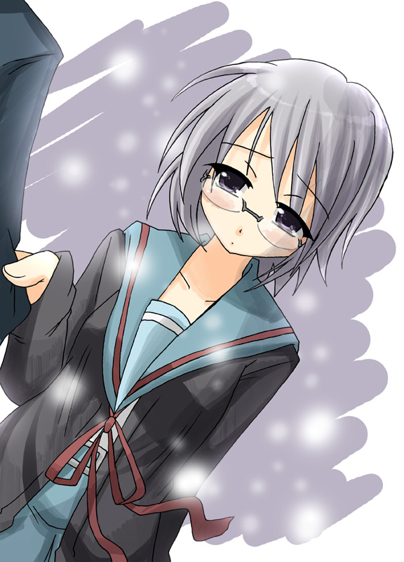 cardigan glasses grey_hair nagato_yuki nagato_yuki_(shoushitsu) school_uniform short_hair sleeve_tug suzumiya_haruhi_no_shoushitsu suzumiya_haruhi_no_yuuutsu tsuwabuki_emoni