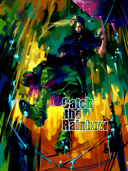 blackmore colorful english jojo_no_kimyou_na_bouken male mask midair power_lines rain reine_(artist) solo steel_ball_run umbrella