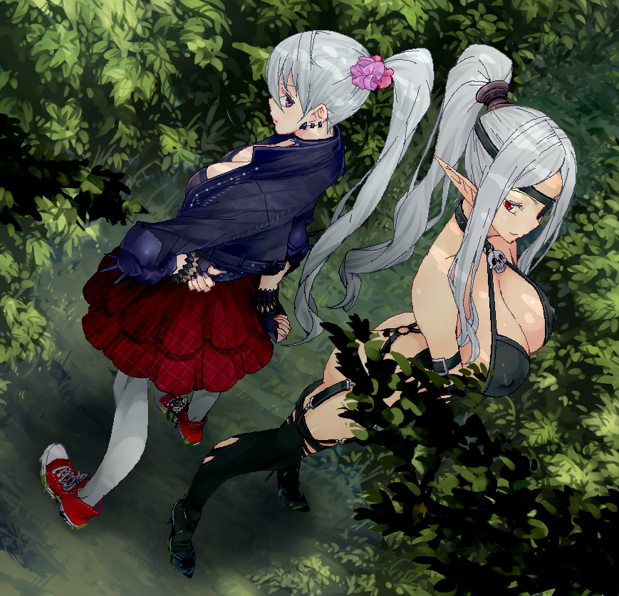 amayu breasts cleavage eyepatch from_above high_heels large_breasts long_hair monster_collection multiple_girls pointy_ears red_eyes shoes silver_hair sneakers