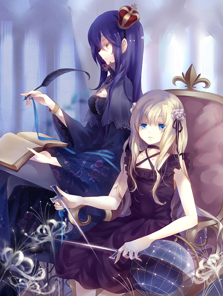 black_hair blonde_hair blue_eyes book chair colored_eyelashes cross crown dhiea dress eyelashes floral_print flower long_hair multiple_girls original pause quill sitting yellow_eyes