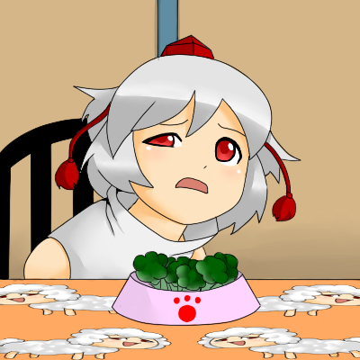 broccoli_(vegetable) chair disgusted food inubashiri_momiji lowres meme parody pet_bowl table touhou uneven_eyes vegetable when_you_see_it yukkuri_shiteitte_ne