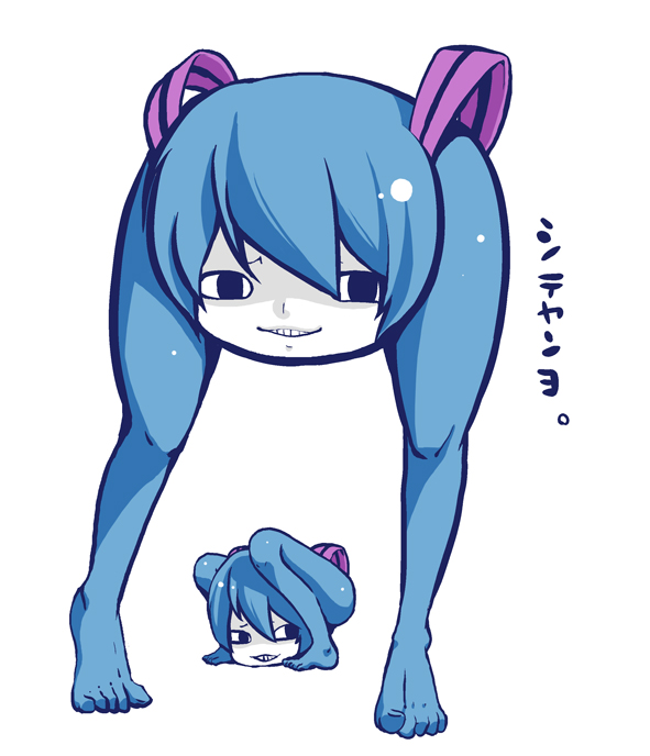 black_eyes blue_hair bow character_name creature creepy grin hair_bow hatsune_miku legs looking_at_viewer looking_away pale_skin shiteyan'yo shiteyan'yo simple_background smile squatting standing text vocaloid white_background young