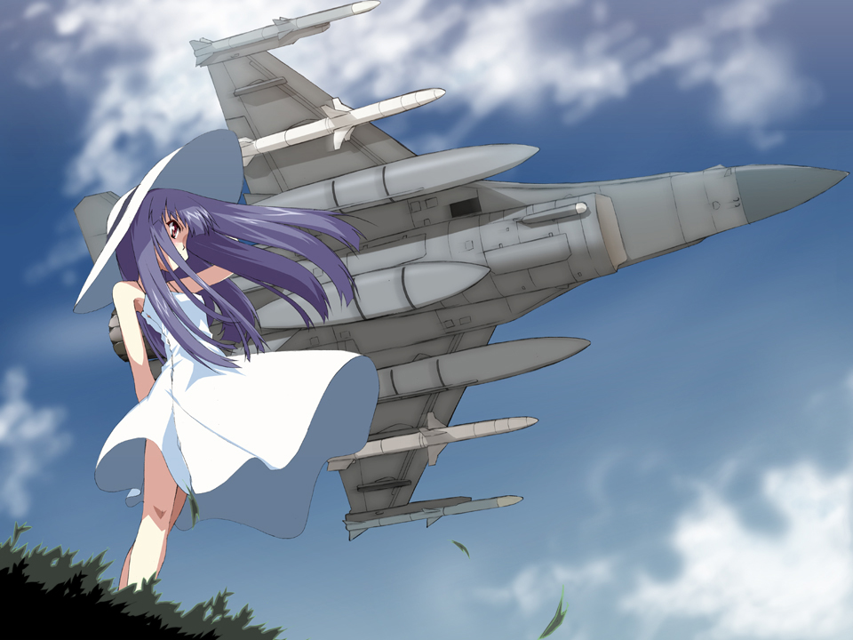 arm_behind_back cloud dress f-16 hand_behind_head hand_on_hat hat jet long_hair original purple_hair sky solo standing sun_hat sundress white_dress wind yamano_sachi