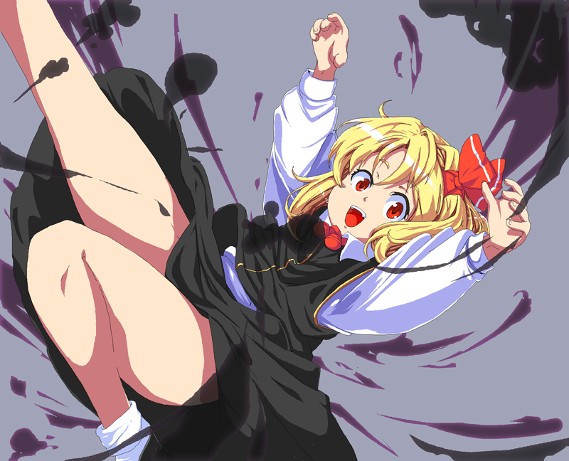 1girl :d blonde_hair bow darkness dress fang hair_bow hair_ribbon happy leg_up loose_socks open_mouth plump red_eyes ribbon rumia short_hair smile socks solo tenpura_(artist) thighs touhou