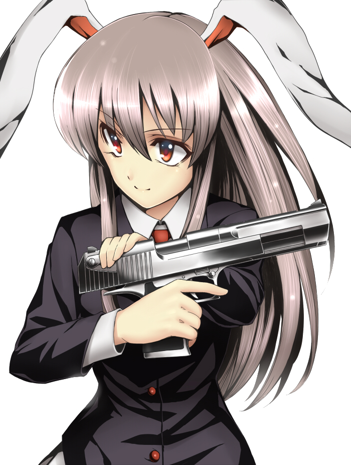 bad_id blazer bunny_ears desert_eagle grey_hair gun handgun long_hair pistol rabbit_ears racking_slide red_eyes reisen_udongein_inaba takemori_shintarou touhou trigger_discipline weapon