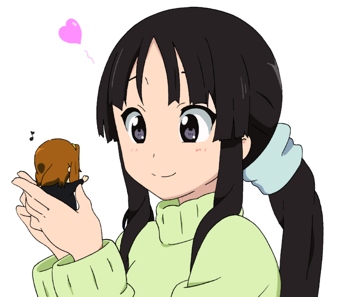 32r akiyama_mio alternate_hairstyle bad_id black_eyes black_hair chibi k-on! long_hair minigirl multiple_girls ponytail sweater tainaka_ritsu