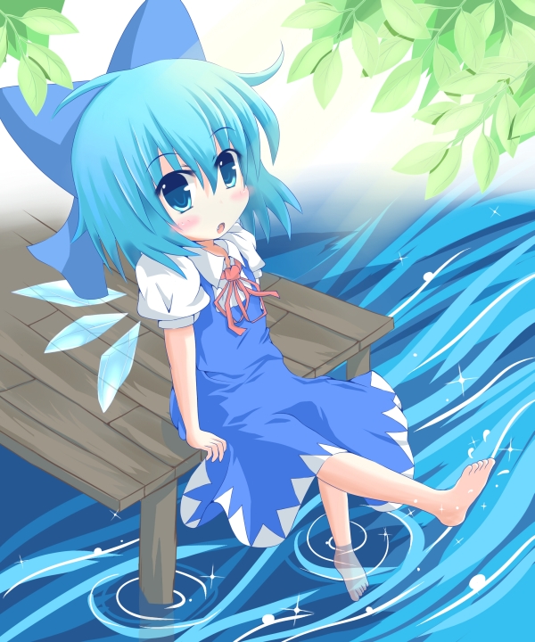 ahoge barefoot blue_eyes blue_hair blush bow child cirno dock dress feet_in_water hair_bow leaf open_mouth ribbon river short_hair sitting soaking_feet solo splash surprise surprised touhou water wings yuya_(minus-k)