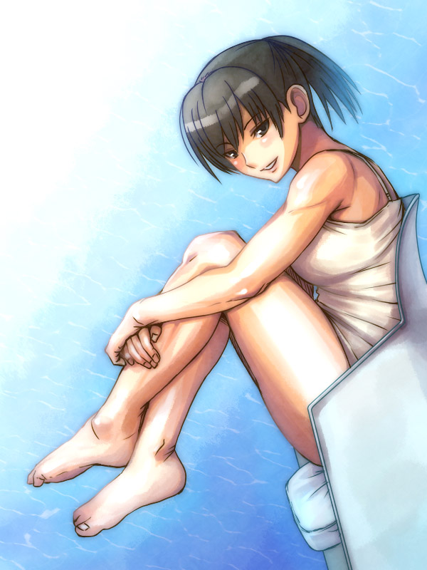 1girl amagami athletic bare_shoulders barefoot black_eyes black_hair camisole chair feet grin leg_hug legs legs_up ponytail short_hair sitting smile solo tamago thighs tsukahara_hibiki