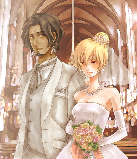 1girl bad_id blonde_hair bouquet bride brown_hair church couple dark_skin dress earrings elbow_gloves flower formal genderswap gloves good_end gothic_architecture jewelry kambei_shimada kyuzo lowres necklace nina-tb samurai_7 smile suit wedding wedding_dress