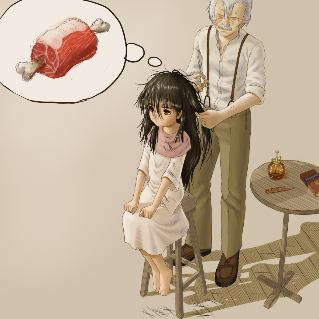boned_meat book brown_eyes cutting_hair food grey_hair imagining injury long_hair meat messy_hair old_man scissors skyape stool table thought_bubble