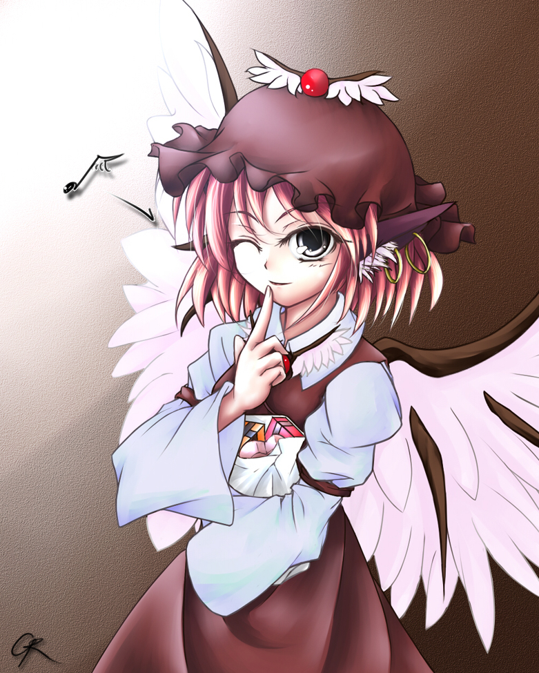 bag earrings finger_to_mouth gift gr_(artist) grey_eyes hat holding holding_gift jewelry musical_note mystia_lorelei pink_hair short_hair solo touhou wings wink