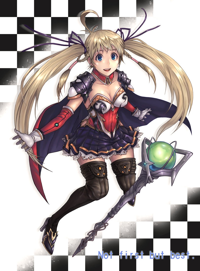 armor blonde_hair blue_eyes boots breasts cape choker cleavage detached_sleeves gloves high_heels la_pucelle lapucelle_(arasoo1210) long_hair original rod shoes shoulder_pads solo thigh-highs thigh_boots thighhighs twintails very_long_hair white_gloves