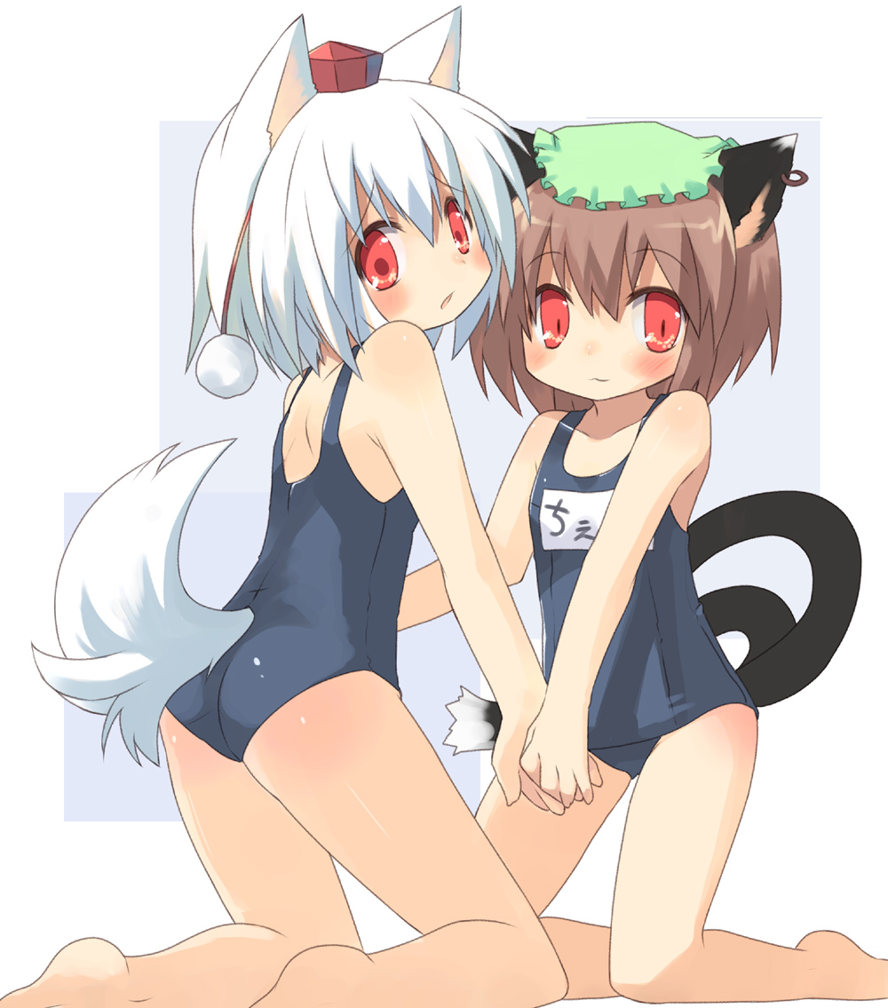 2girls animal_ears ass bare_shoulders barefoot blush brown_eyes brown_hair cat_ears cat_tail chen eyebrows_visible_through_hair hand_holding hat holding_hands inubashiri_momiji kneeling multiple_girls one-piece_swimsuit red_eyes school_swimsuit school_uniform short_hair silver_hair swimsuit tail toba_hiyoko tokin_hat touhou white_hair wolf_ears wolf_tail younger