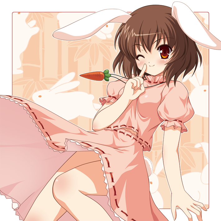 bamboo bamboo_forest blush brown_hair bunny bunny_ears bunny_tail carrot forest inaba_tewi jewelry nature necklace orange_eyes pendant rabbit_ears short_hair shushing solo tail touhou wink yamasan